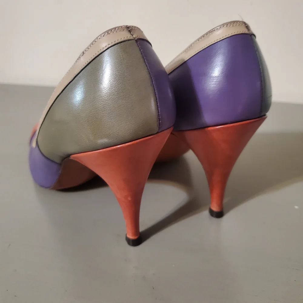 1960s Colorblock Heels Pumps Button Front Teal Grey Purple Coral Size 6.5 - Picture 2 of 7